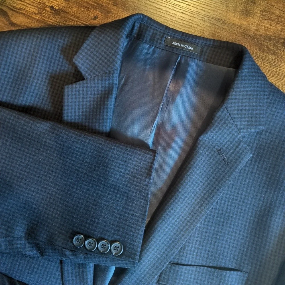 Egara Mens 46R Slim Fit 100% Wool Blazer Navy Blue Houndstooth‎ Sport Coat